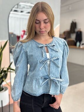 Kori Light Blue Denim Tie-Bow Peplum Blouse